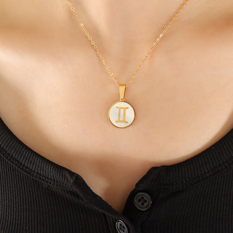 Wholesale Inlaid White Seashell Zodiac Pendant Plated 18K Real Gold Necklaces